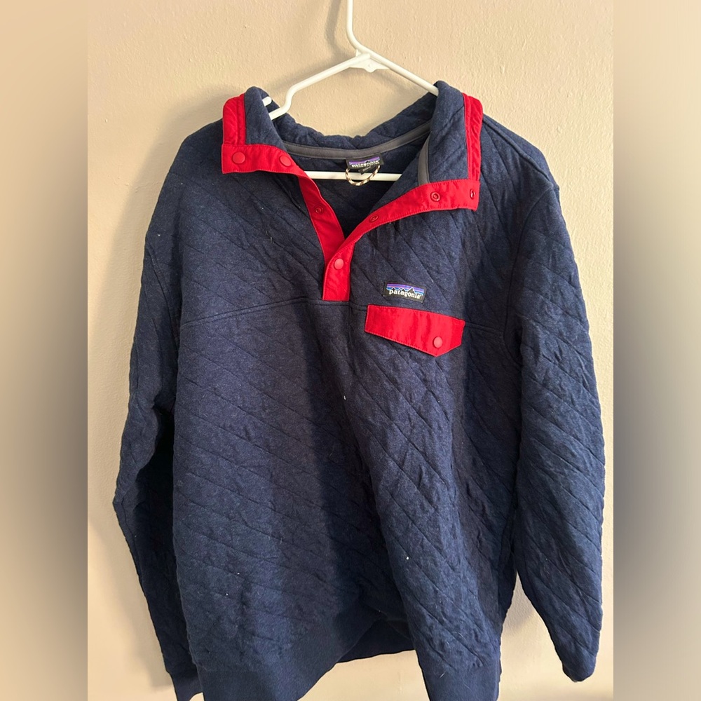 Patagonia Synchilla Pullover Pull Over Blue Red Granola Sweater Hiking Outdoors